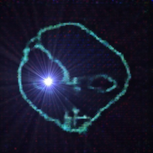 Representation of The Entity V.4 a line drawing of an alien figure in green with a star in their eye. Created using oscilloscope images and a GAN Ai model