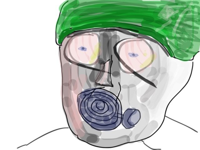 Gas Mask Man by Bard Ionson with green hat