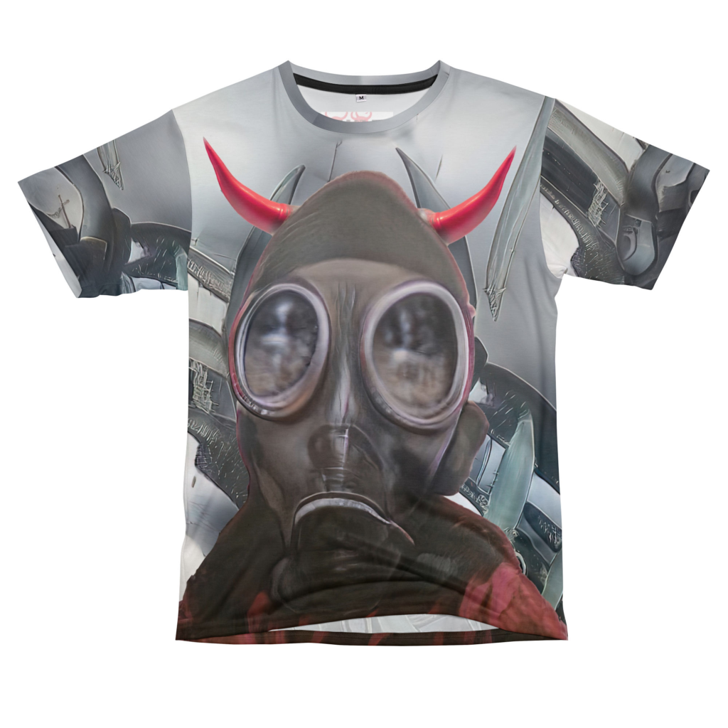 t-shirt art by Bard Ionson a face in a gas mask with red horns made with Ai GAN