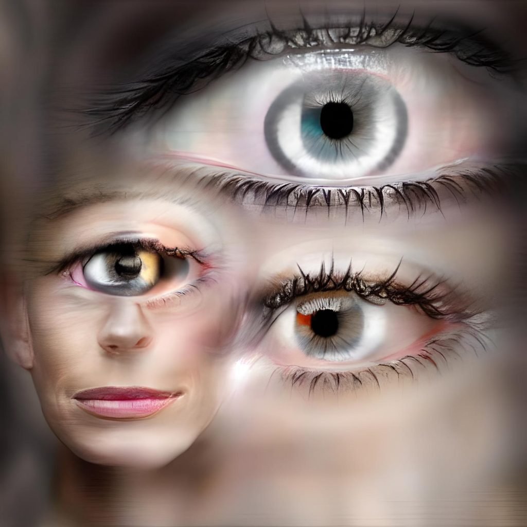 A face with one eye in the bottom left corner fused with skin from another larger head that fills the image but this other head has two eyes in a vertical format one on top of the other.