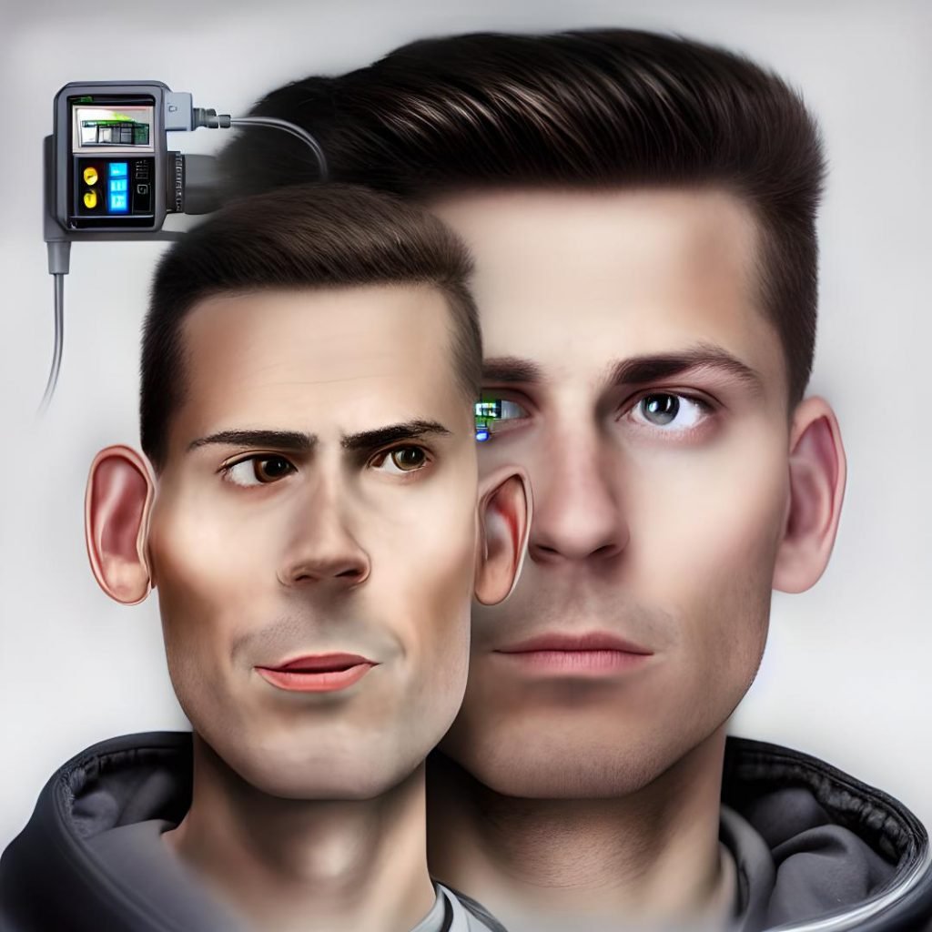 Two faces generated with ai stable diffusion. one small head of a man overlaps a larger head of a similar looking man. Their heads are attached to one body. The larger head has a computer screen in one eye. In between the two heads is a small computer with wires running between the two heads