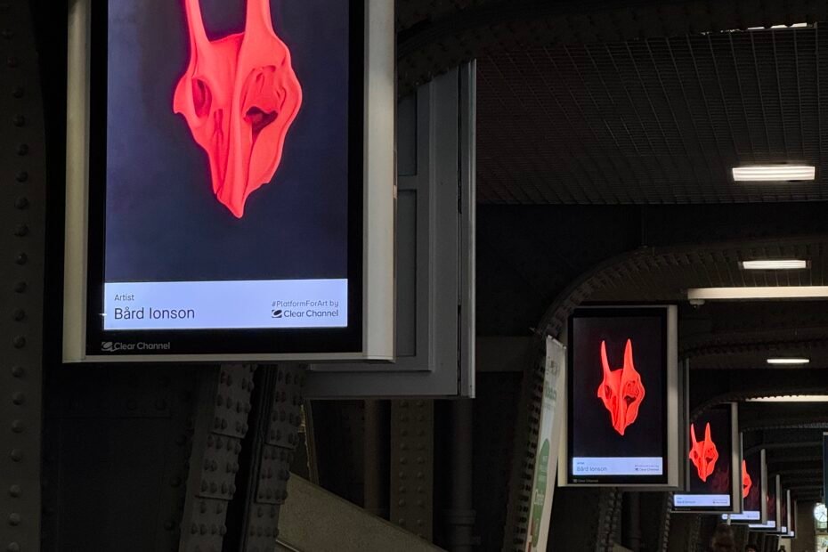 Ai art of a red bone skull on a line of digital signs in a Brussels train station